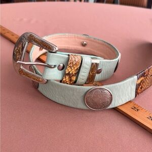 Elegant Mint and Tan Leather Belt with Silver Accents